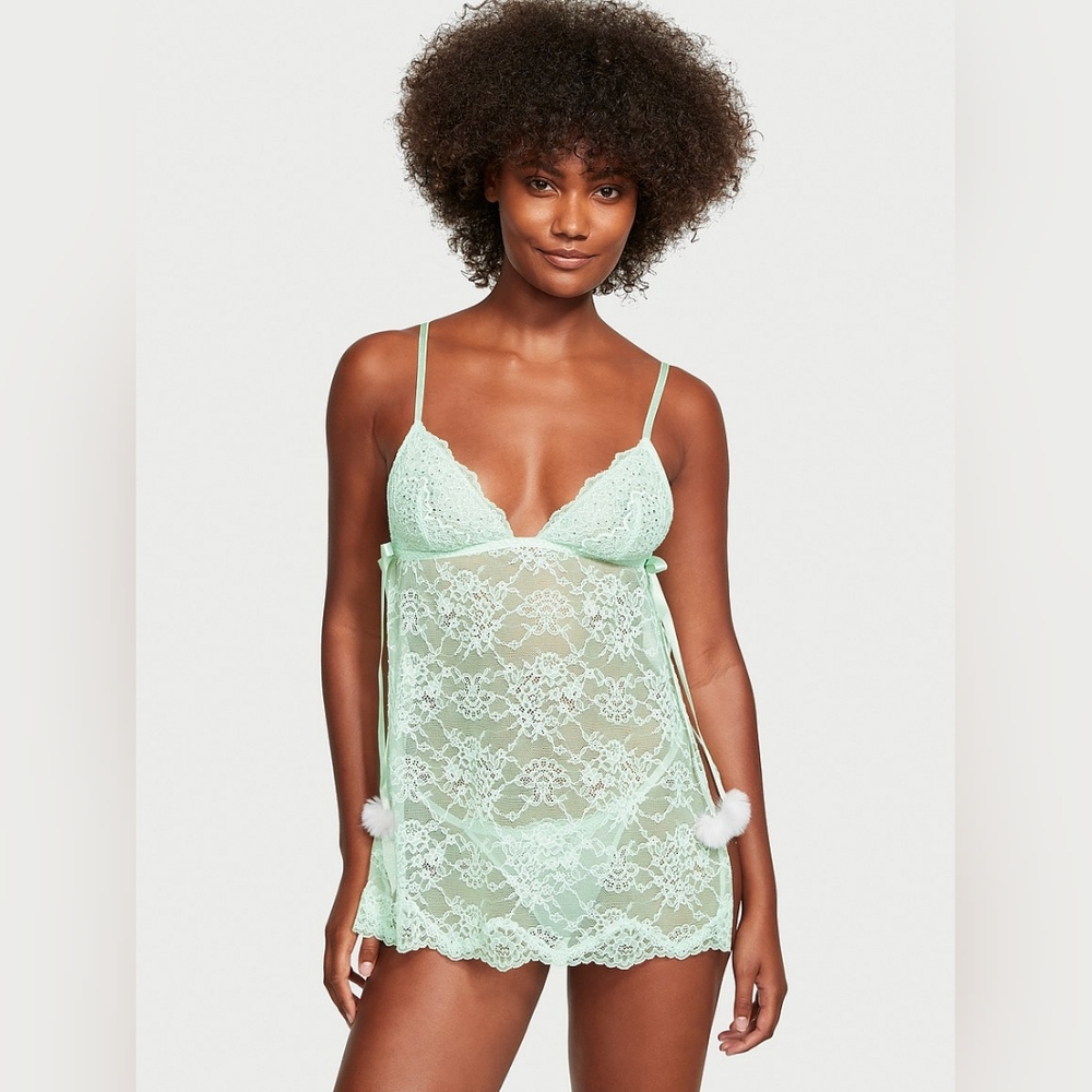 Victoria's Secret Very Sexy Flyaway Lace Crystal Rhinestone Babydoll Set Size:M